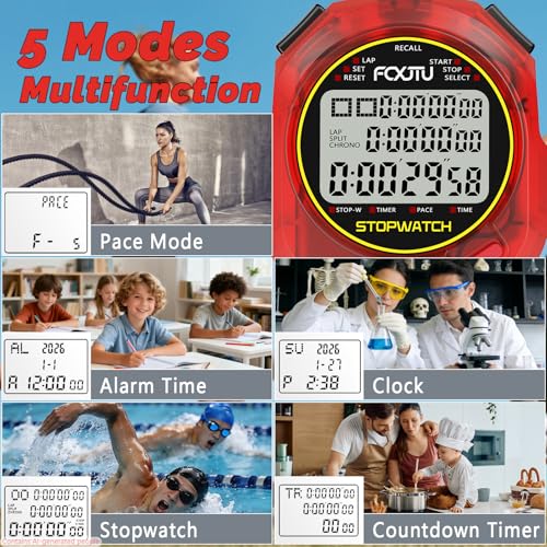 Image of Sports Stopwatch Timer, 10 Lap /Split Memory Digital Stopwatch Countdown Timer with 12 /24 Hour Clock Alarm On /Off, Calendar 3-Row Extra Large Screen Lanyard for P.E Coach and Referees (Red)