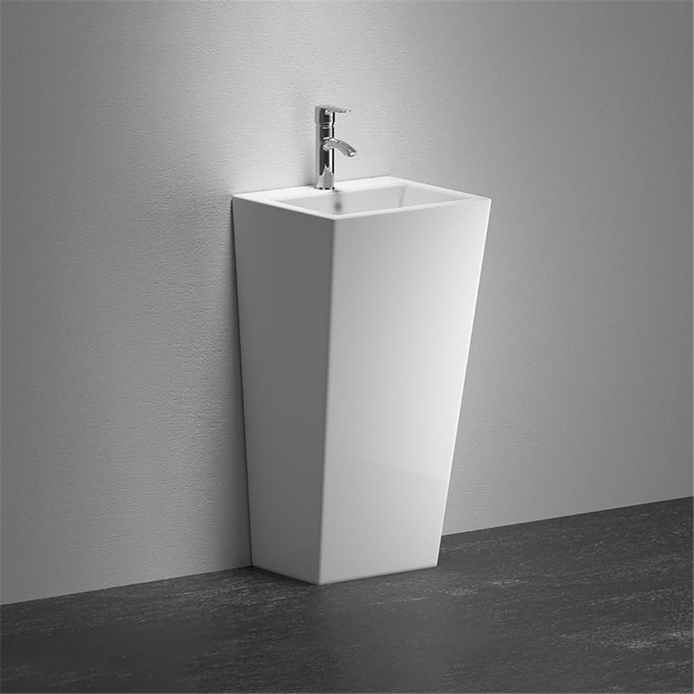 Fregadero de pedestal moderno de una pieza con grifo plateado y kit de desagüe circular de porcelana blanca para baño, lavabo de pedestal
