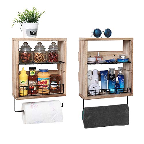Muebles Auxiliares Baño Estante de Almacenamiento de Pared rústico de 3 Niveles con Barra de toallero, Estante Flotante con 2 estantes de Alambre...