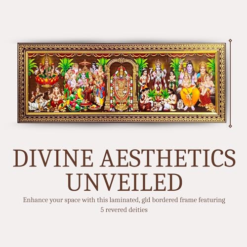 Image of Pooja Ghar Cotton 5 God in 1 Photo Frame for Pooja Ganesha-Saraswati, Ram Pattabhishekam, Lord Venkateshwara, Shiva Family and Satyanarayana (12 x 5.5 Inch)