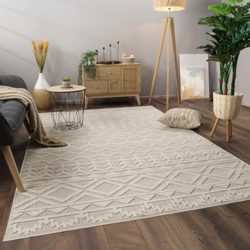 Paco Home Tapis Salon Chambre Adulte Poils Ras Motif Boho Motif Scandinave, Dimension:80x150 cm, Couleur:Crème 2