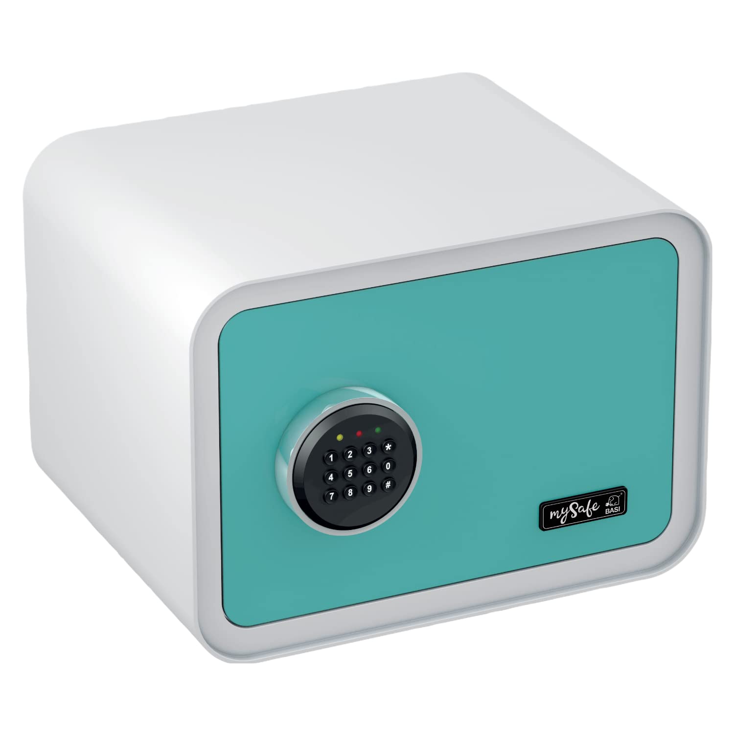 mySafe 350 Code - Caja fuerte electrónica con cerradura de combinación numérica, 35 x 35 x 28 cm, caja fuerte muebles, doble perno acero, alarma, llave emergencia, pared suelo, azul blanco