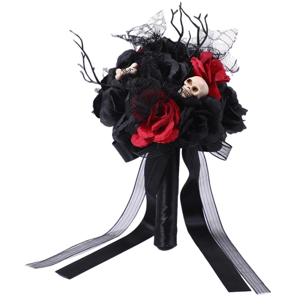 Schwarzer Hochzeitsstrauß Mit Roten Akzenten – Gotischer Brautstrauß Aus Seide Für Halloween & Cosplay