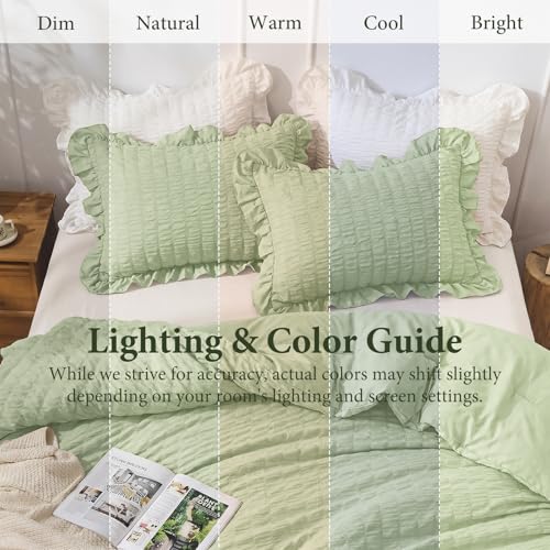 Image of JOLLYVOGUE Sage Green Comforter Full Size, 3 Pieces Seersucker Lightweight Full Size Bedding, All Season Fluffy Microfiber Bedding Comforter Set with 1 Ruffle Comforter and 2 Ruffle Pillowshams
