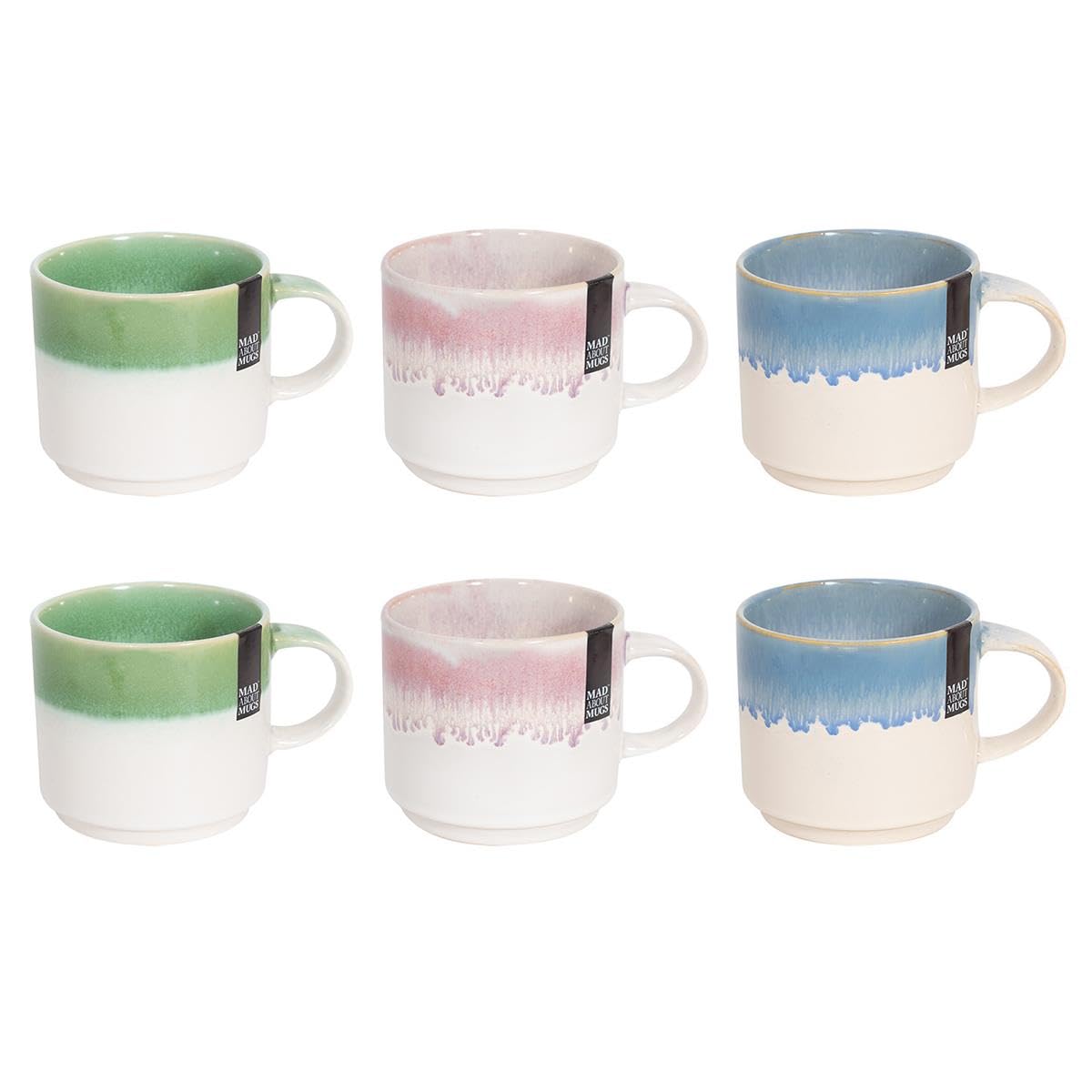Set of 6 Reactive Glaze Stoneware Coffee Mugs Tea Cups Home Pink Green Blue Heavy Dishwasher Safe Kitchen Stackable Mug Set