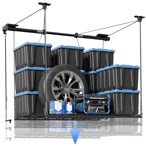 FLEXIMOUNTS Garage Lifting Metal Rack, 4×4 Ft Overhead Garage Storage Racks, Adjustable Heavy-Duty Ceiling Organization System, 350lbs Weight, Satin Black