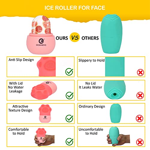 Image of OCEANEVO Silicone Facial Ice Roller , Ice Roller for Face With Bristles, Ice Cube Roller Massager for Face and Eye Puffiness Relief - 11 cm x 7 cm - Pink