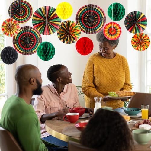 Image of Outus 21 Pcs Juneteenth Decorations Hanging Paper Fans Juneteenth Tissue Paper Poms Red Green Yellow Classroom Garland Ceiling Decor for Kente African American Party Supplies