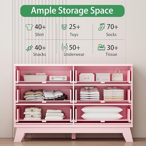 Image of Fluted Dresser for Bedroom with 6 Drawers, 48 inch Wide Modern Chest of Drawers with Metal Handle, Wooden Dresser TV Stand, Wood Closet Clothes Storage Drawer Organizer for Living Room, Hallway, Pink