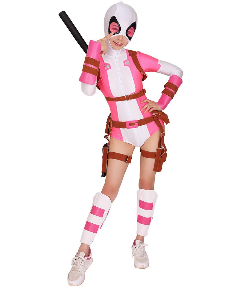 miccostumes Women's Superhero Cosplay Costume Pink White Bodysuit With Belt Set: X-Large