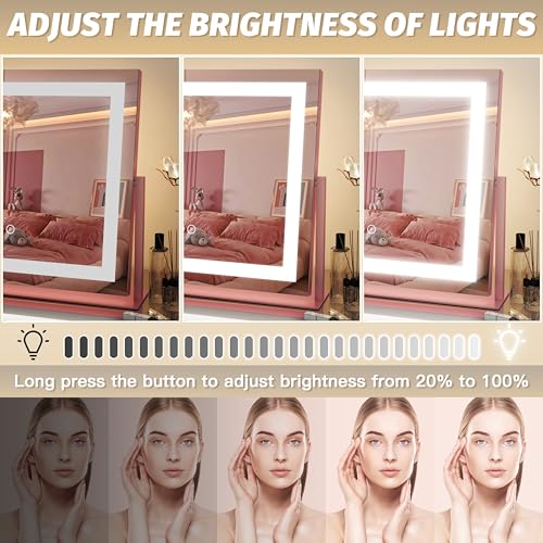 Image of FENNIO Vanity Mirror with Lights 22''x18'' Makeup Mirror with Lights,Lighted Makeup Mirror with 10X Magnification,Smart Touch Screen with 3-Color Lighting,Dimmable(Square Pink)