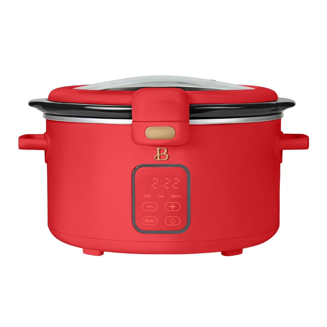 4 Qt Programmable Slow Cooker with Hinged Locking Lid Digital Touch Controls Removable Stoneware Electric Countertop Cooker Tomato