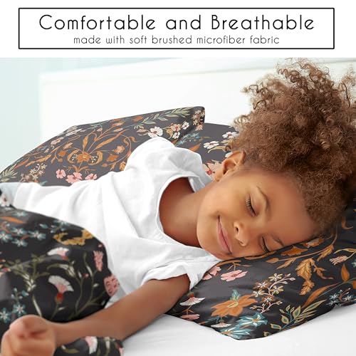 Image of Sweet Jojo Designs 2-Piece Twin Comforter Set (Black Boho Wildflower Floral) for Girls, Teen Kids Bedding, Bed in a Bag incl. Blanket & Pillow Sham (Vintage, Bohemian Farmhouse, Botanical Cottagecore)