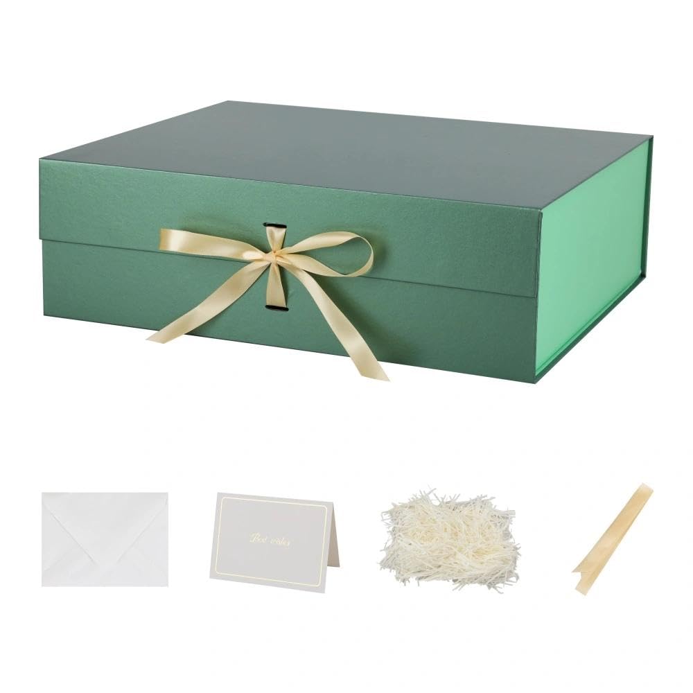 Grün Geschenkbox groß 48.5 x 40.5 x 15.3 cm Geschenkbox mit Deckel 3 Stück | Magnetische extra groß, Inkl. Schleife, Inkl. Raffia & Grußkarte, Ideal für Hochzeitskleid & Anzug