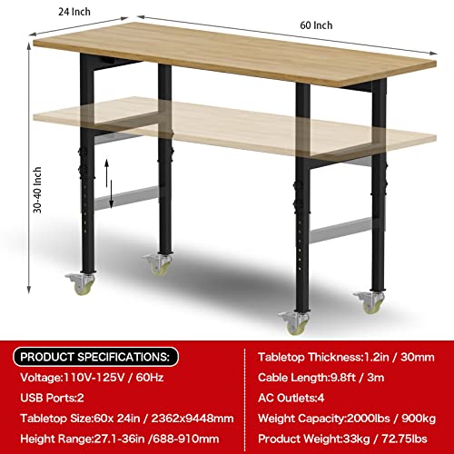60" Adjustable Workbench,Rubber Wood Top Heavy-Duty Workbenc With Power Outlet And Wheels,2500 Lbs Load Capacity Hardwood Worktable, For Garage, Workshop, Home #TOP6