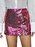 Verdusa Women's Sequin High Waist Sparkle Split Hem Mini Bodycon Party Skirts Hot Pink M
