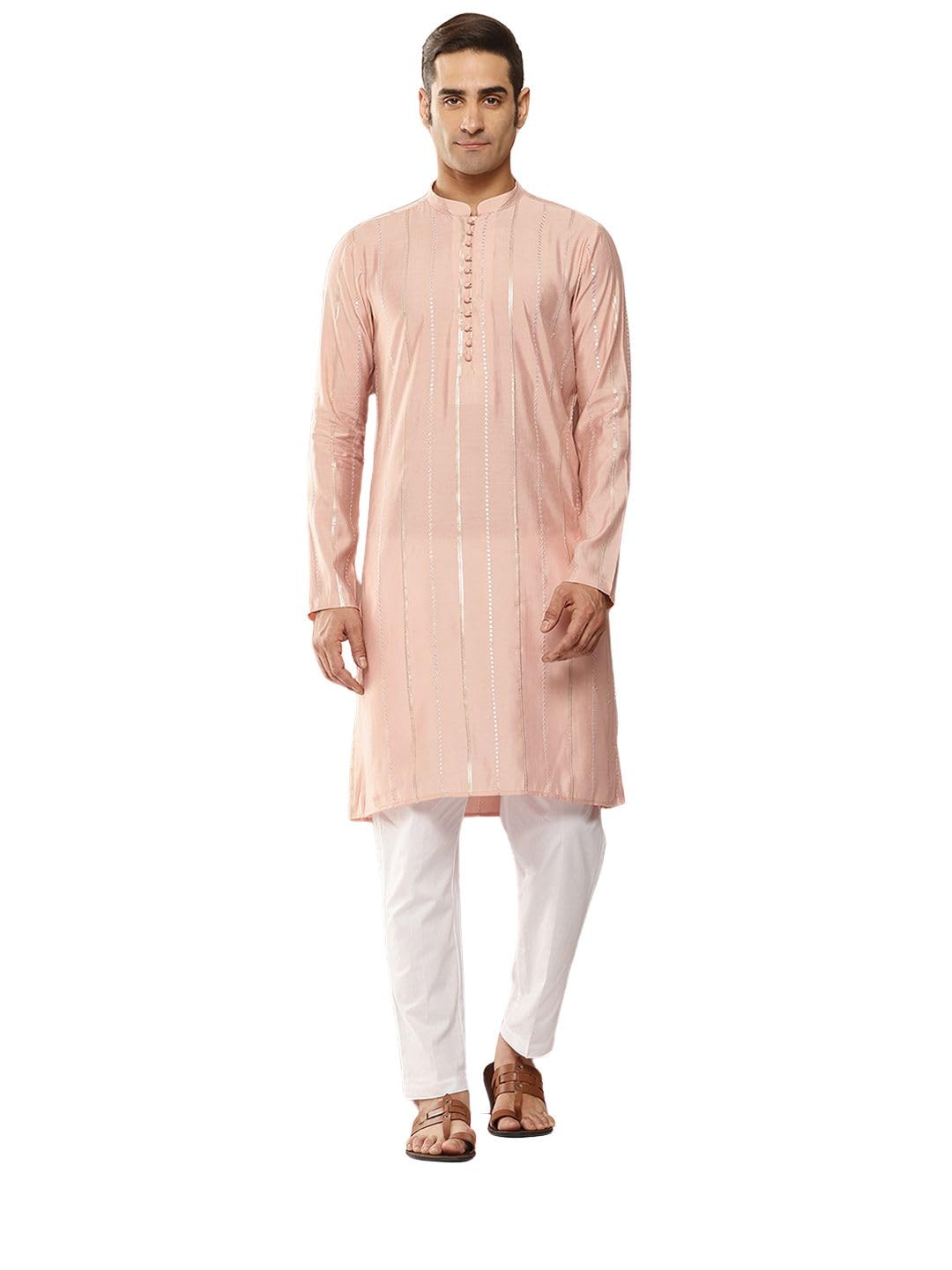 Men's Long Sleeve Chanderi Silk Sequins Kurta With Pyjama-image-45
