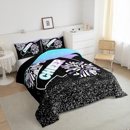 Image of Feelyou Blue Purple Cheer Comforter Set Dreamy Girly Gymnastic Sports Comforter for Kids Boys Girls Gymnastics Lovers Bedding Set Cheer Sports Duvet Set Room Decor Quilt King Size Boys