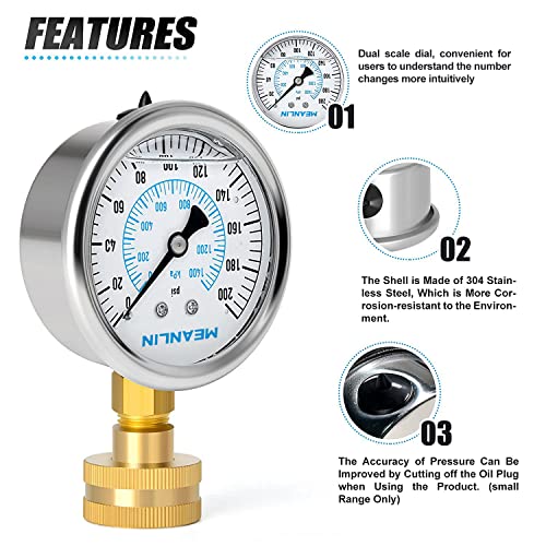 Image of MEANLIN MEASURE 0~200Psi Stainless Steel Frame 3 /4 inch Female 2.5 inch FACE DIAL Liquid Filled Pressure Gauge WOG Water Oil Air Water Pressure Test Table with Sealing Ring