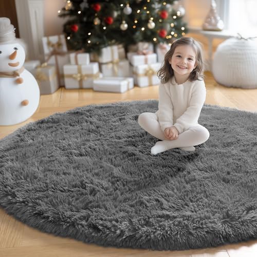 Amdrebio Grey Furry 큰 원형 부분 러그 거실 침실 놀이방용 1.8m(6피트) | 푹신하고 보송보송한 플러시 섀기 부드러운 어린이 카펫, 아기방 교실 사무실 기숙사 장식, 현대적인 중립 미학, 원형 원형 — 사진 3