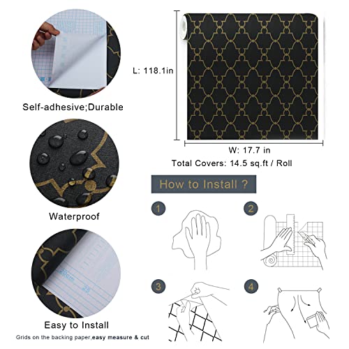 Timeet Peel And Stick Wallpaper Gold And Black Wallpaper Geometric Contact Paper 17.7 "X 118.11" Modern Self Adhesive Wallpaper Removable For Bedroom Living Room Wall Decor Vinyl #TOP4