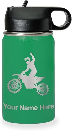 Vista 275 de LaserGram Botella de agua personalizada, motocross, acero inoxidable de doble pared aislada al vacío con popote superior, regalo grabado Verde