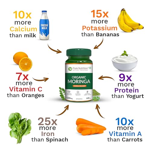 Image of Pure Nutrition Organic Moringa Tablets with 1200mg Leaves Extract | Moringa Tablets for Healthy Digestion, Immunity, Energy Levels & Detox - 60 Veg Tablets