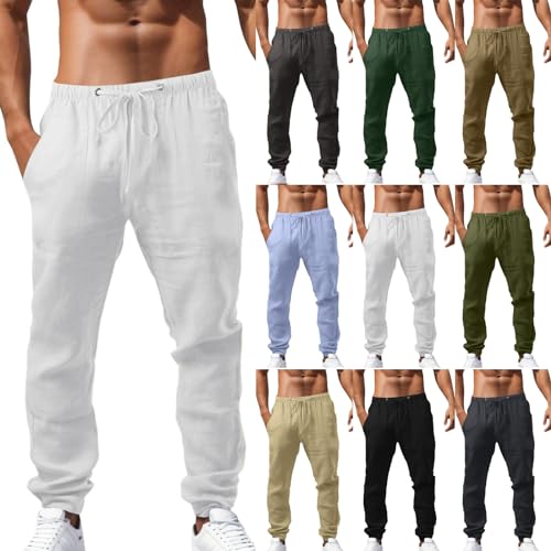 Mens Casual Linen Pants Loose Fit Elastic Drawstring Waist Straight-Legs Lightweight Summer Yoga Beach Trousers