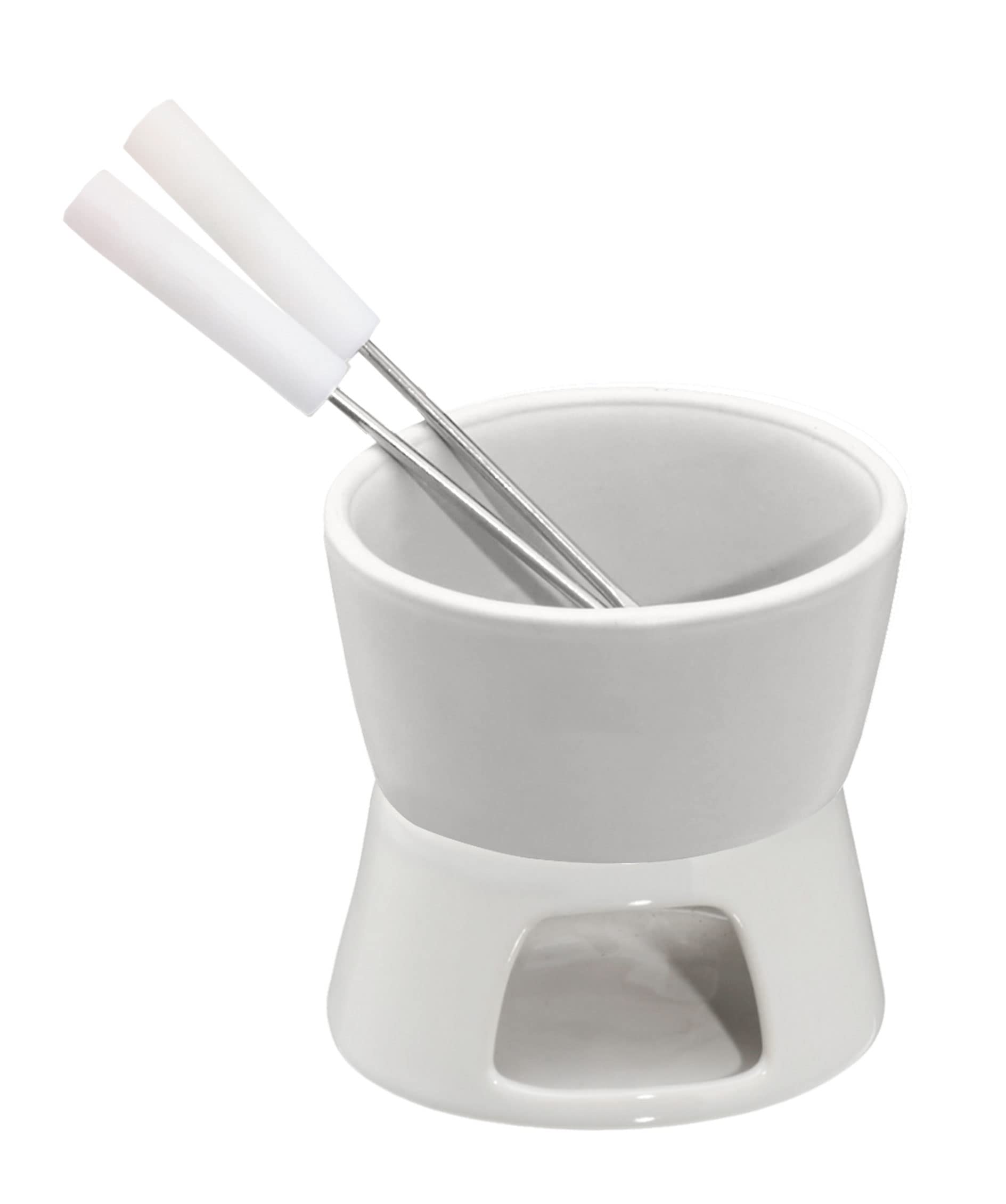 MIJOMA Mini set per fonduta di cioccolato – Scopri il puro piacere del cioccolato – Design alla moda ed elegante in bianco, con 2 forchette per fonduta, ideale per biscotti e frutta, ceramica, 10 x 9