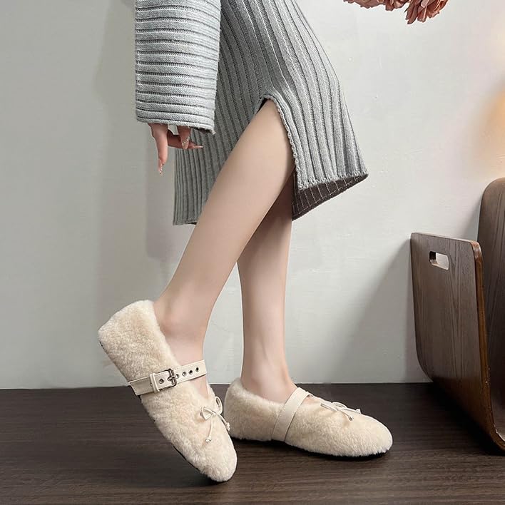 Fur Ballet Flats for Women Mary Jane Flats Buckle Strap Comfy Ballerina Flat Shoes Cute Casual Faux Fur Shoes4
