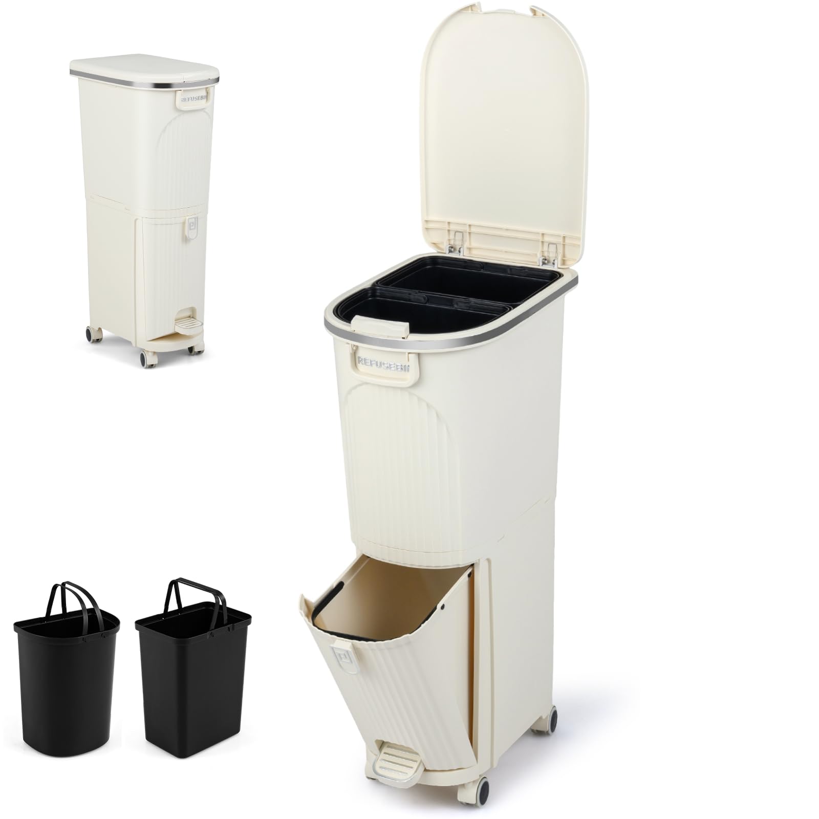 TANGZON Recycling Bins, Trash Can Garbage Bin with 3 Compartments, Wheels, Retractable Pedal, Handles & Stickers, Home Kitchen 2/3 Tier Vertical Waste Separation System (Beige, 43L, 1 Lid)