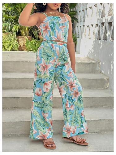 Image of Floerns Girl's 2 Piece Outfit Hawaiian Tropical Crop Cami Tops and Boho Pants Set