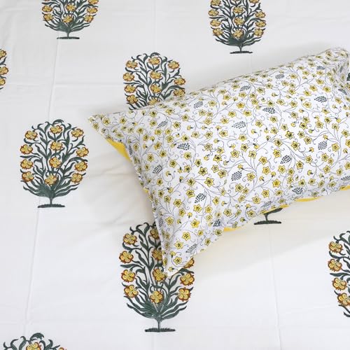 Image of TOAIArt Hand Block Printed Bedsheet | Long Staple Premium Cotton | Double Bed Sizes | Queen Size 90 inchX108 inch | 300 TC | Includes 2 Large Pillow Covers 18 inch X 28 inch (Yellow Marigold Bush on White)
