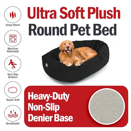 Image of Majestic Pet Suede Shredded Memory Foam Mix Calming Dog Bed Washable - Cozy Soft Round Dog Bed with Spine for Head Support - Fluffy Donut Dog Bed, 40 Inch, Black