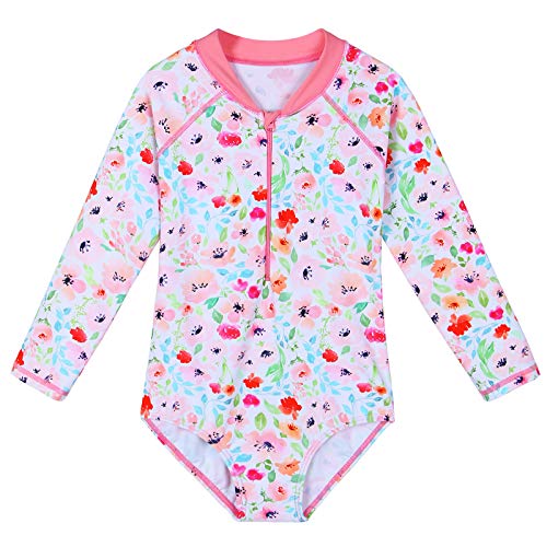 TFJH E Girls Long Sleeve Rashguard Suit One Piece Bathing Suit UV 50+ Swimsuits Zip White296 Pink Flower 128/134