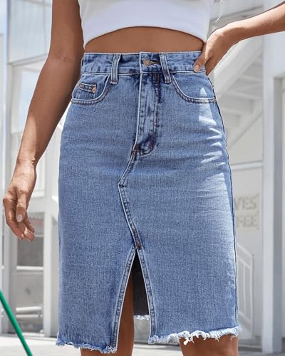Women High Waist Front Thigh Split Washed Raw Hem Tassel Midi Slit Denim Skirt High Rise Mini Wrap Jean Skirt4
