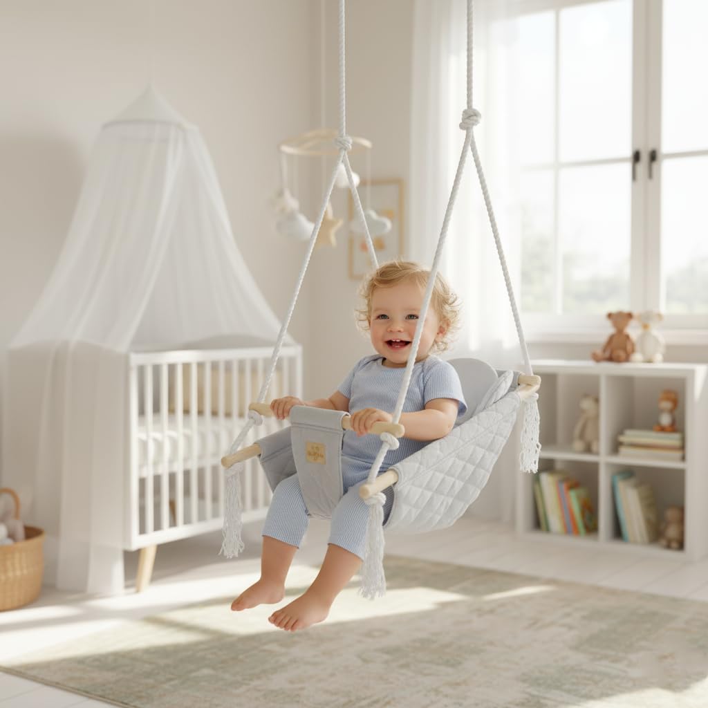 BlueKitty Wiege; Schaukel; Liegestuhl für Kinder; Babyschaukel; Kinderschaukel mit Kissen; Schaukel für Haus und Garten; Babyschaukel, Stoffschaukel, Kleinkindschaukel, Holzschaukel