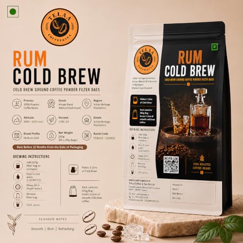 Image of Rum Barrel Aged Cold Brew - 100 g Ready Bag | Makes 1 L Smooth Premium Cold Brew | By Telaa Coffee and Tea