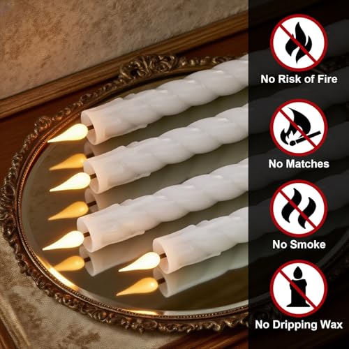 Image of Flickering Flameless Taper Candles with Remote and Timer, 2 Pack Battery Operated LED Taper Candles 3D Wick Plastic Dripping Effect Dinner Wedding Holiday Decor(White, 0.78 inch D x 9.65 inch H)