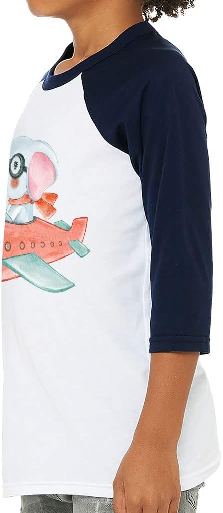 Elephant Flying Plane Kids' Baseball T-Shirt - Art 3/4 Sleeve T-Shirt - Animal Art Baseball Tee