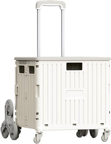 Carrito de compras plegable con ruedas, capacidad de 45L, ruedas para subir escaleras, mango telescópico, blanco, 65L