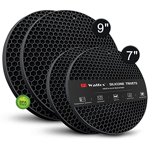 Image of Silicone Trivet Mats - Walfos Heat Resistant Pot Holders Set, 4pcs 2 Sizes 7 Inch & 9 Inch, Multipurpose Non-Slip Hot Pads for Hot Pot, Hot Dishers, Jar Opener, Food Grade & BPA Free (Black)