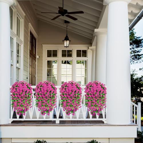 Image of Bassion 2 Pack Artificial Hanging Petunias Flowers for Outdoors, Fuschia | UV resistant, silk fake flowers, hanging morning glory trailing vines, porch garden spring summer planter decoration