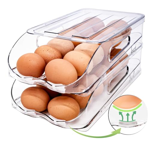 SMRCAD Egg Holder for Fridge, Automatic Steady Rolling Egg Container with Soft Bumpers & Handle for Refrigerator, Stackable Fridge Organizers and Storage with Lid
