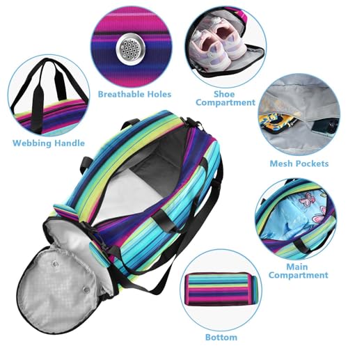 YETTASBIN Sport Travel Duffel Bag for Girls Boys, Mexican Serape Stripes Large Waterproof Weekender Overnight Bag, Detachable Shoulder Strap Gym Bag with Shoe Compartment & Wet Pocket4
