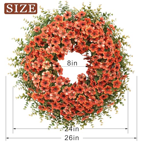 Image of 26 inch Large Artificial Silk Flower Eucalyptus Wreath for Outdoor(Fall Orange) | Large Silk Wreath, Faux Starry Sky Morning Glory Flowers&Eucalyptus Leaves, for Porch /Wall /Window /Farmhouse /Autumn Decoration