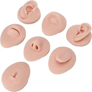 Soft Silicone Ear Model, Professional 1:1 Human Ear Mouth Nose Eye Tongue Navel Model Display Props 3D Teaching Tools Fake Body Piercing Practice Parts with Display Rack (Medium Fleshcolor)
