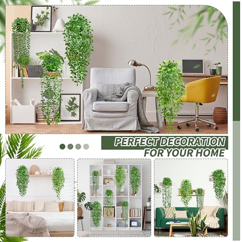 Image of Palonu 4 Pack Faux Artificial Hanging Plants, UV Resistant Fake Potted Greenery with Eucalyptus Vine, Mandala, Pea Pod Leaves & String of Pearls in Pots for Living Room Bathroom Indoor Outdoor Decor
