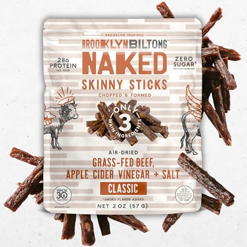 Brooklyn Biltong Naked Skinny Sticks (Naked 2 oz, Pack of 2) - Grass-Fed Biltong Beef Jerky Meat Stick - 14g High Protein Snacks - Premium Air Dried, Paleo, Keto, Gluten Free, Sugar Free - Made in USA