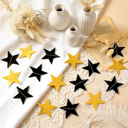 Image of Spakon 65 Feet Glitter Star Paper Garland Banner Hanging Decoration Star Streamers Double Side 2026 Graduation Decorations for Wedding Birthday Festival New Year Party Decoration(Gold Black)